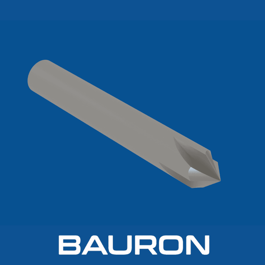 Angled view of a pointed chamfer cutter showing its flutes and zero-radius tip