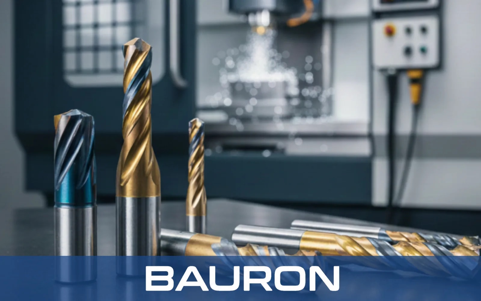 Coated carbide cutters on a table in front of a CNC machine with coolant spray