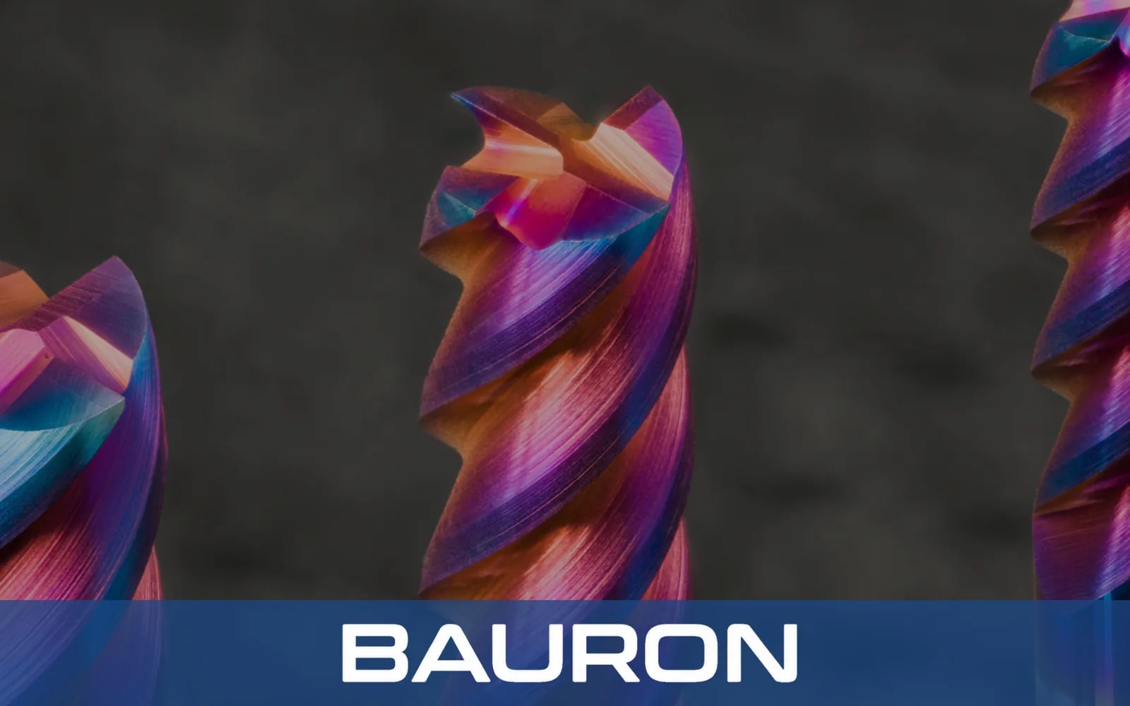 Multicolor-coated spiral-flute end mills against a dark background